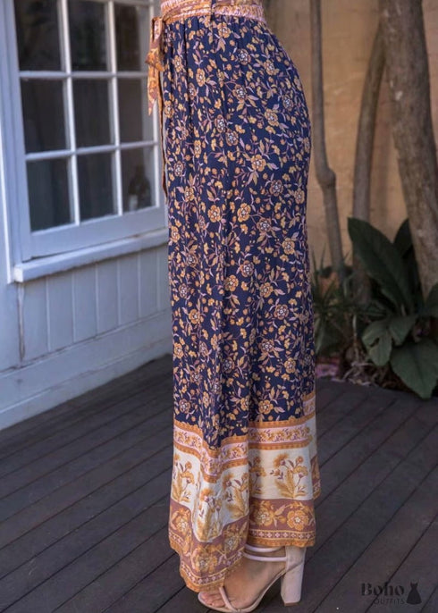 Boho Pants - Palazzo Pants in Leg Pants, Jasmine in Navy Blue For Women